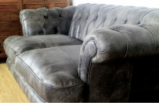 Chesterfield Big Xxl Bank % Leder Zwart 3-Zits Vintage Stijl