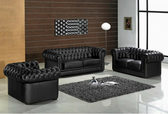 Zwarte Chesterfield bankstellen 3+2+1 set gestoffeerde designerbanken set