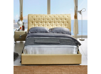 Beige Chesterfield bed ontwerp slaapkamer Engelse bedden textiel bekleding.