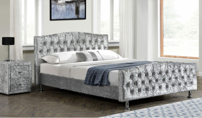 Beklede Chesterfield grijze luxe tweepersoonsbed slaapkamer ontwerper bedden