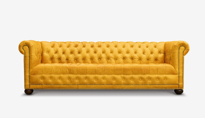 Chesterfield 3-zits bank bankstel lederen bekleding zit stof gouden zitplaats nieuw