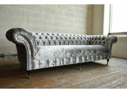 Zilveren Chesterfield textiel lederen bank bank gestoffeerde grote zitkussen nieuw 265cm