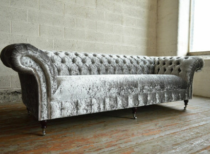 Zilveren Chesterfield textiel lederen bank bank gestoffeerde grote zitkussen nieuw 265cm