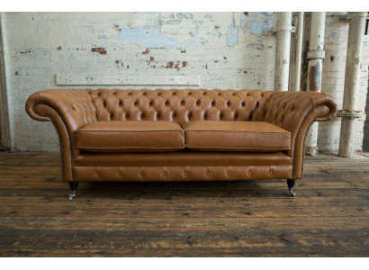 Bankstel 3-zits bank Chesterfield gestoffeerde zitgroep leer bruin textiel
