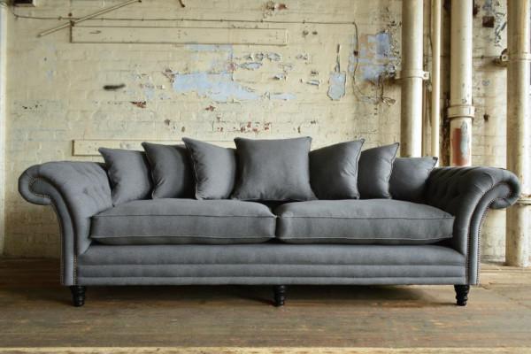 Klassieke Chesterfield bankstel 4-zitsbank Bank Velours Leder Design Grijs 265cm