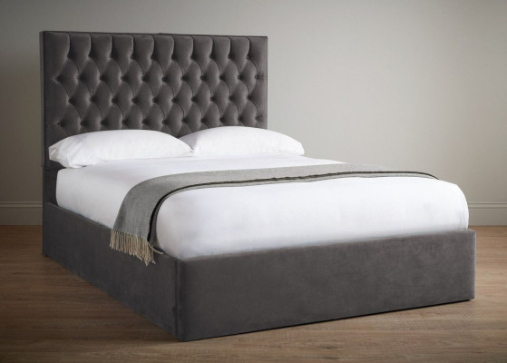 Chesterfield Grijs Luxe Fluweel Textiel Bed Dubbel Design 180x200cm Bedden Nieuw