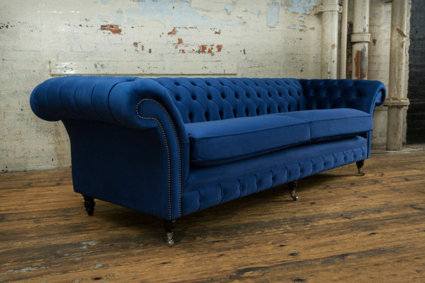 Klassieke Chesterfield bank 4-zits bank Sofa Fluweel Leer Blauw Design Bekleding