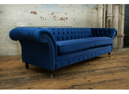 Klassieke Chesterfield bank 4-zits bank Sofa Fluweel Leer Blauw Design Bekleding