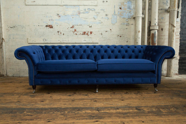 Klassieke Chesterfield bank 4-zits bank Sofa Fluweel Leer Blauw Design Bekleding
