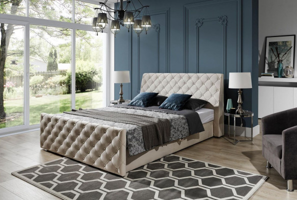 Chesterfield Bed Slaapkamer Bedden Textiel 200x200cm Fluweel Groot Hotel Beige Nieuw