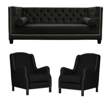 Zwarte bankstel, driezitsbank, fauteuil, gestoffeerde bankstel, 3+1+1.