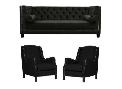 Zwarte bankstel, driezitsbank, fauteuil, gestoffeerde bankstel, 3+1+1.