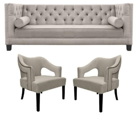 Beige Chesterfield bankstel Gestoffeerd Zitgroep Set van 3 stuks