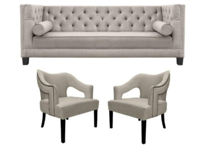 Beige Chesterfield bankstel Gestoffeerd Zitgroep Set van 3 stuks