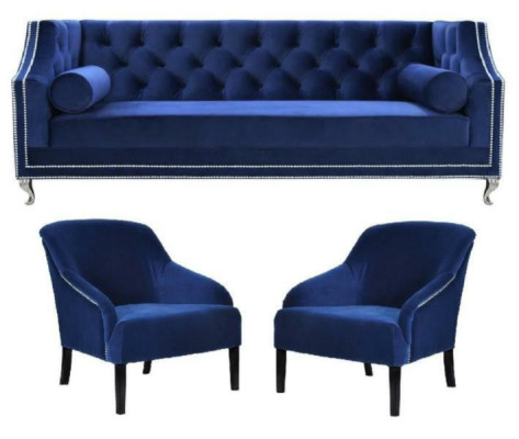 Blauwe Chesterfield fauteuil Blauw xxl Textiel Stof Bankgroep Meubelset