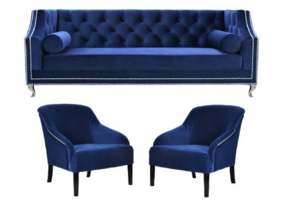 Blauwe Chesterfield fauteuil Blauw xxl Textiel Stof Bankgroep Meubelset