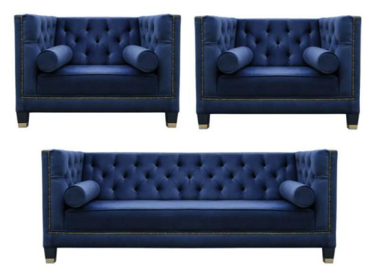 Chesterfield Blauw bankstel 3-delig set bank uitvoeringen zitkussen groep