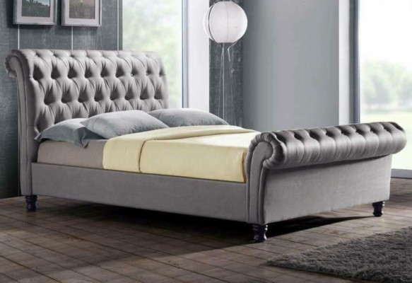 Grijze Chesterfield dubbel leren bed slaapkamer gestoffeerd ontwerper luxe bed