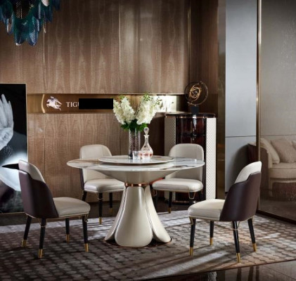 Eettafel 6x stoelen eetkamer lederen tafel stoel rond modern design meubels
