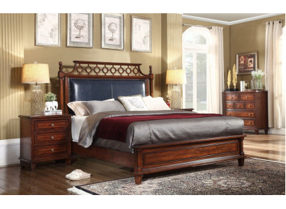 Echt houten bed lederen 3-delige set commode slaapkamer Gründerzeit garnituur groep