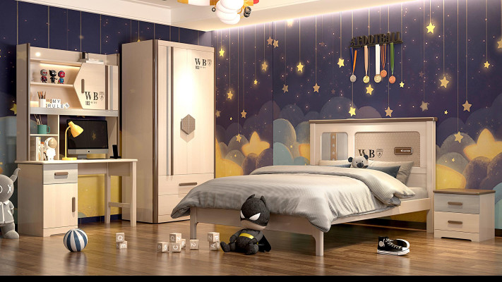 Kinderkamer jeugdkamer set bed kledingkast nachtkastje bureau 4-delige.