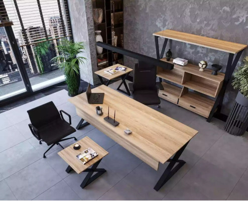Bruin meubelset - bureau boekenplank salontafels console tafel 4 delig.