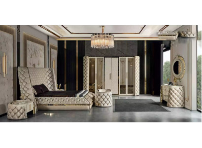 Slaapkamer Set Chesterfield Meubel Ontwerp Bed Kledingkast Spiegel 7-delig.