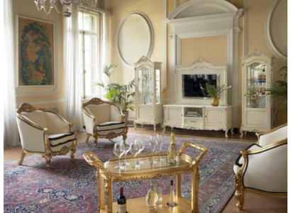 Klassieke woonkamer vitrinekast, dressoir tv-meubel wandkast 3-delige massief houten kast.