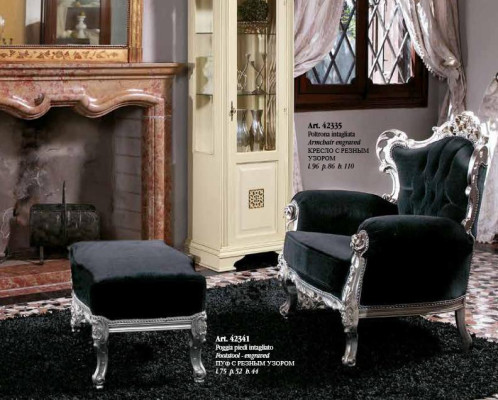 Fauteuil + Poef Bekledde Fauteuil Ontwerp Luxe Massief hout Klassiek Barok Rococo Set