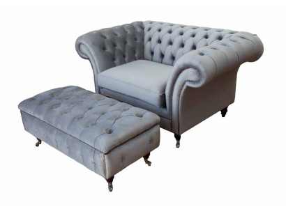 Chesterfield oorfauteuil voetenbank fauteuil bank gestoffeerde set grijs textiel