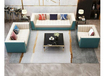 Leren bank Bank Bank Bekleding 321-zitsbank Salontafel 2x Bijzettafel 6-delig Nieuw