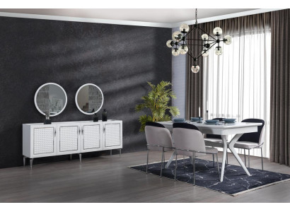 Eetkamer Compleet Set Eettafel 4x Stoelen Dressoir + 2x Spiegel Set
