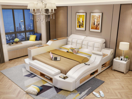 Ontwerp lederen bedden hotel dubbel multifunctioneel bed bluetooth luidsprekers luxe.