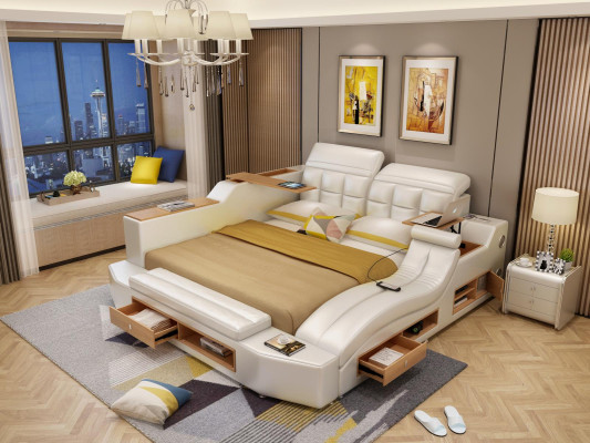 Ontwerp lederen bedden hotel dubbel multifunctioneel bed bluetooth luidsprekers luxe.