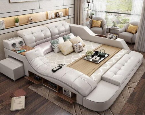 Ontwerp bed XXL groot bed lederen bekleding hotel 180x200cm multifunctioneel rek nieuw