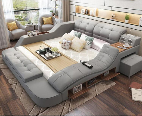 Multifunctioneel designbed XXL 180x200 Grote bedden van leer Hotelrek USB.