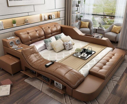 Multifunctioneel designbed XXL 180x200 Grote bedden van leer Hotelrek USB.