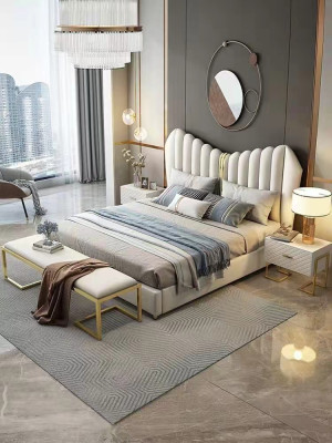 Moderne luxe bedden gestoffeerd in leer en textiel, hoogwaardig slaapkamerbed.