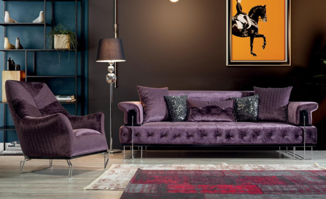 Paarse bankstel 3+1 zits Chesterfield woonkamerset