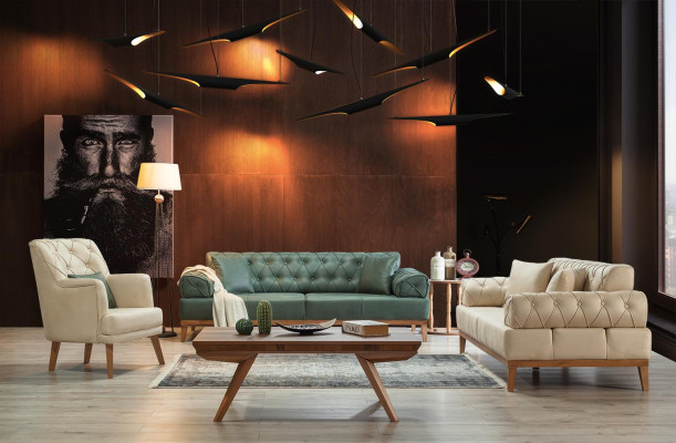 Chesterfield bank 3-zits bank bankstel Groen Nieuw Textiel Hout 220cm