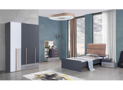Jongerenkamer Set Grijs Bed Nachtkastje Kledingkast Ontwerp Nieuw 4-delig.