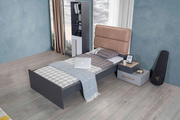 Jongerenkamer Set Grijs Bed Nachtkastje Kledingkast Ontwerp Nieuw 4-delig.