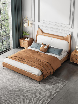 Modern hotel met leren stof tweepersoonsbed van 160x200 cm designer beddengoed dubbel.