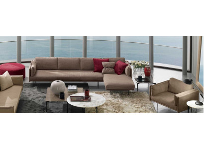 Bruine hoekbank L-vorm bank design gestoffeerd modern textiel woonkamer