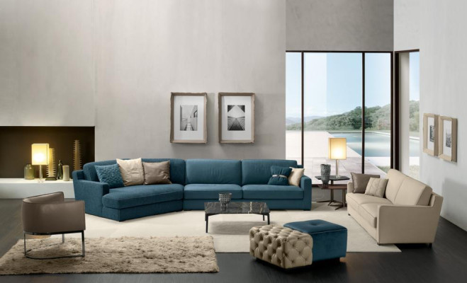 Ontwerp bank L-vorm gestoffeerde bank woonkamer meubels hoekbank textiel blauw