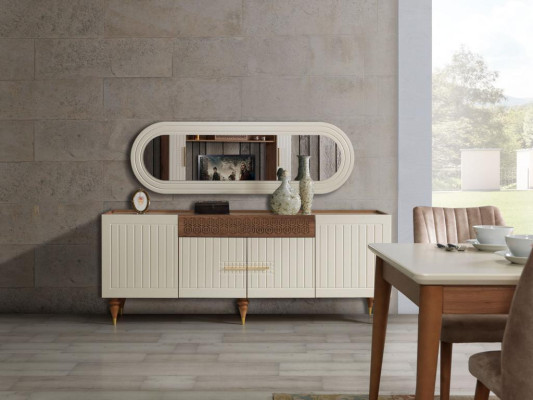 Eetkamer set 3-delige groep garnituur eettafel dressoir spiegel compleet set