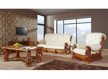 Klassiek bankstel bank bekleding zitje set bankleer hout 3+1+1 Set