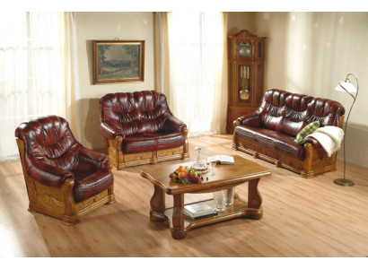 Klassieke bankstel Bank gestoffeerde bank 100% echt leer hout 3+1