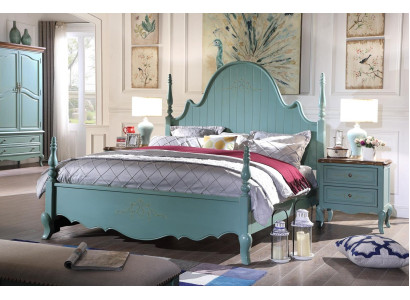 Zachte blauwe slaapkamermeubelset van massief hout in landelijke stijl.