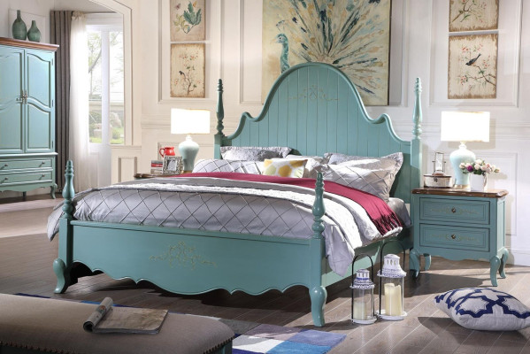 Landhuis Slaapkamer Blauw Bed Hout Klassieke Meubels Bedden 180x200cm Set Nieuw